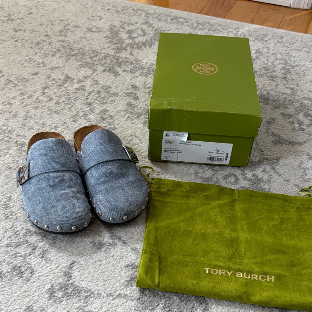 Tory Burch Light Blue Denim Studded Slip-On Mules